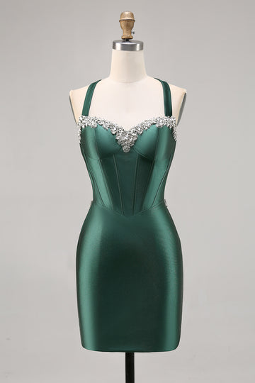 Beaded Corset Dark Green Homecoming Dress